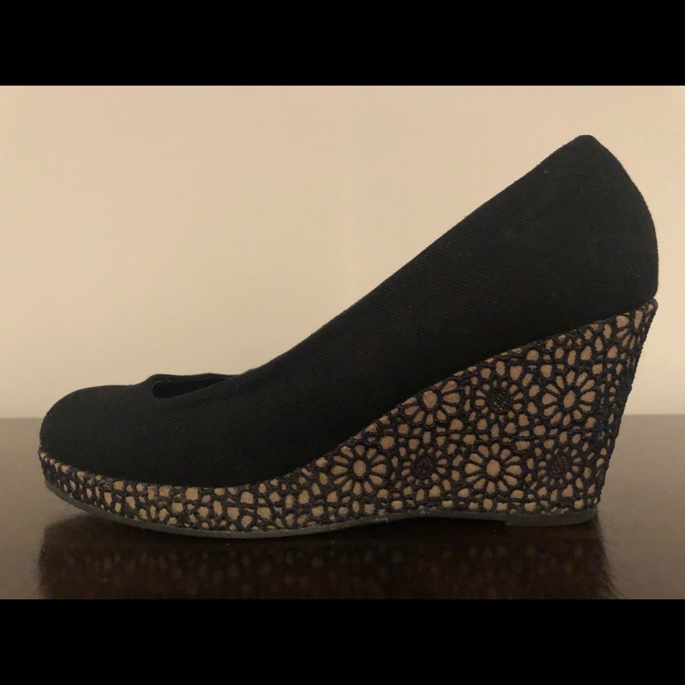 Maurice’s round toe with floral pattern wedges.